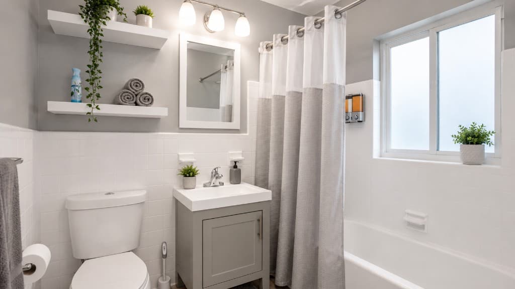 One-bedroom bathroom with grey vanity, tiled shower tub, and rolled towels