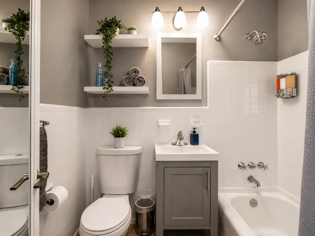 One-bedroom bathroom detail with floating shelves, plants, and chrome fixtures