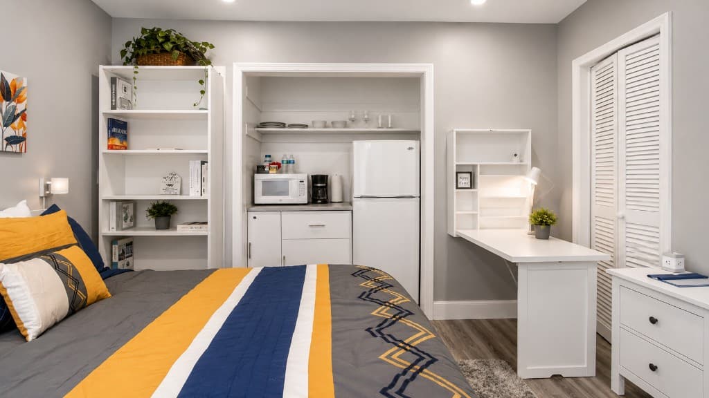 One-bedroom kitchenette with mini fridge, microwave, open shelving, and fold-down desk